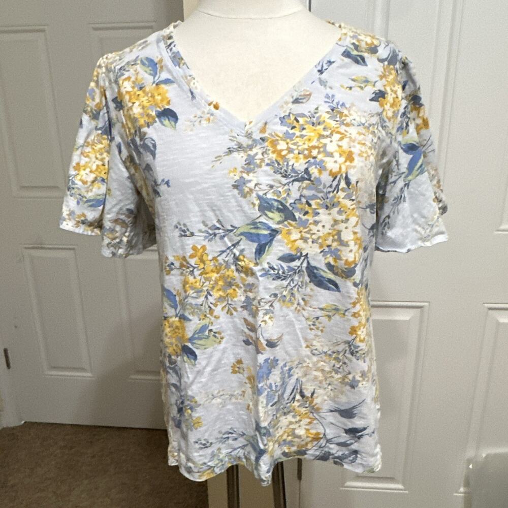 LC Lauren Conrad Women's L Blue/Yellow/White Floral V-Neck Ruffle Sleeve Tee